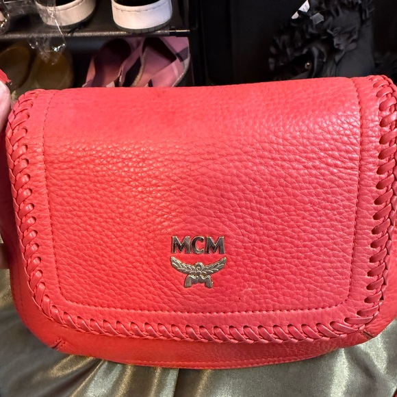 MCM Handbags - MCM Pebbled Leather Crossbody Bag – Bright Coral/Red – Whipstitch Trim